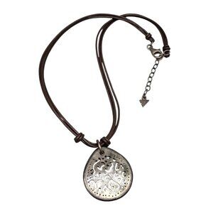 Silpada Sterling Carved Abalone Teardrop Pendant Necklace Brown Leather Cord 17"